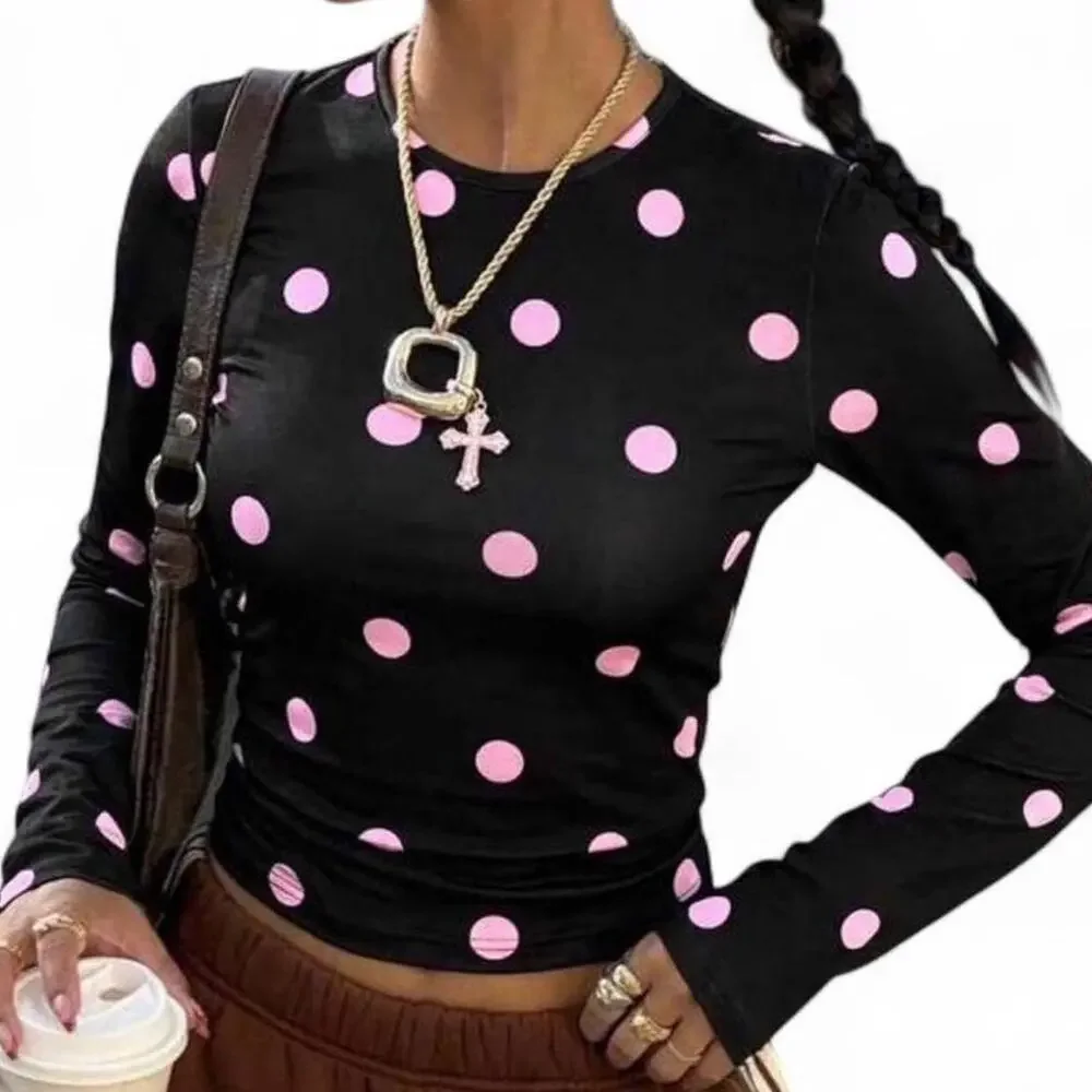 Black Pink Polka Dot Long Sleeve Top Y2K Basic Stretch Minimalist Women's Small - Picture 5 of 5